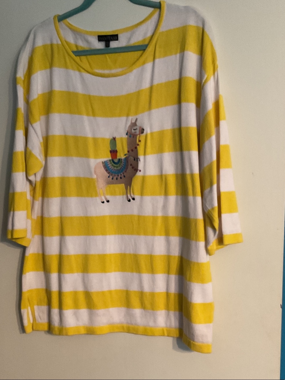Yellow & White Striped Long Sleeve Tee with Llama Motif